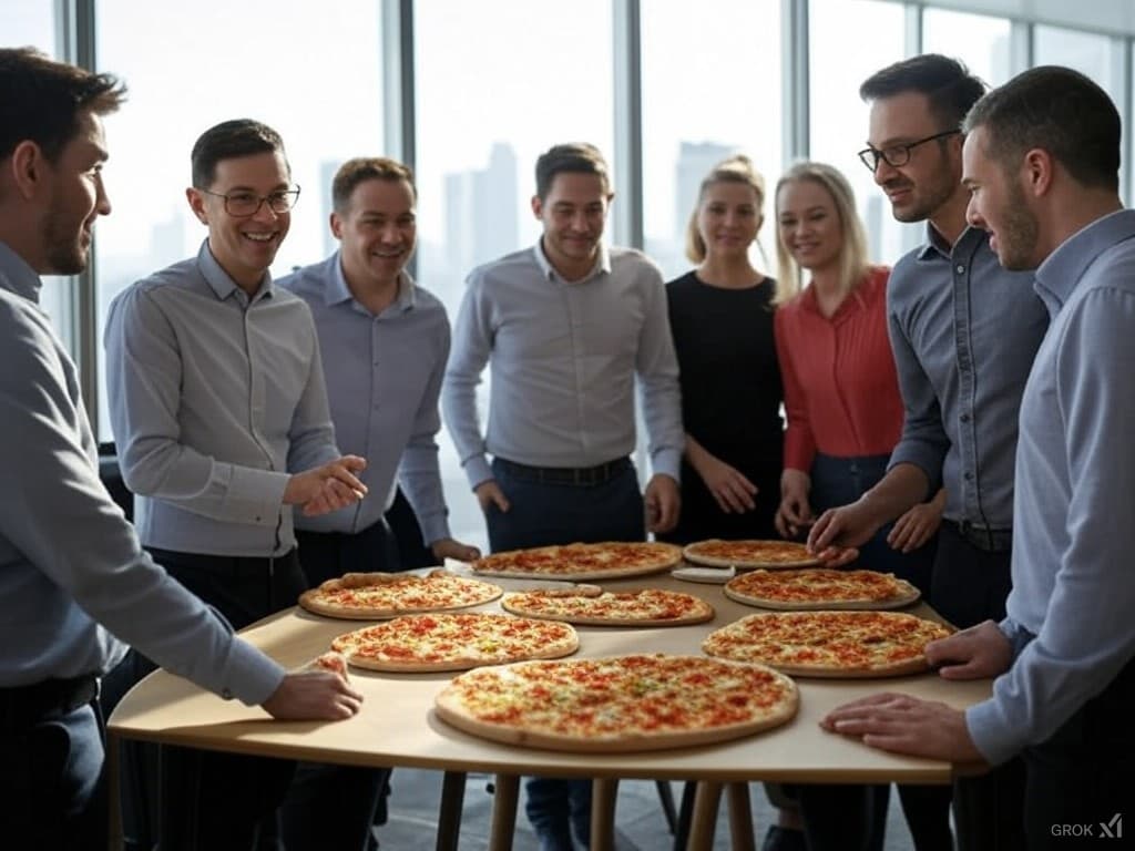 Happy enterprise team enjoying pizza